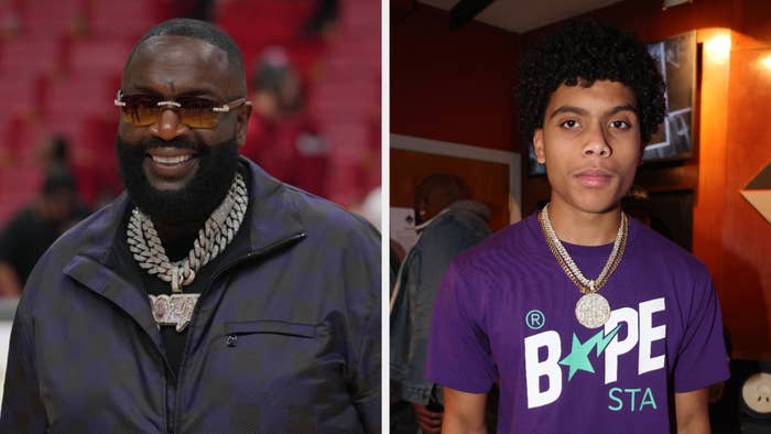 Two male musicians, Rick Ross with a beard on left, and Mini Boom on right, both wearing necklaces and casual attire