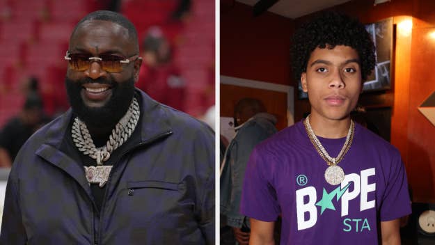 Two male musicians, Rick Ross with a beard on left, and Mini Boom on right, both wearing necklaces and casual attire