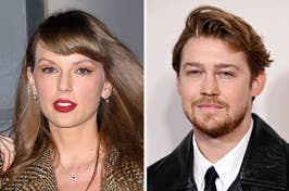 Taylor Swift in a glittery outfit and Joe Alwyn in a black jacket, both posing separately