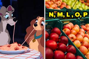 Lady and the Tramp sharing spaghetti; on the right, a variety of fruits with letters superimposed
