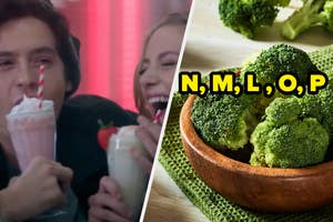 Two scenes split: left, two people laughing with milkshakes; right, broccoli in a bowl with letters N, M, L, O, P
