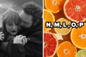 Split image: left side shows a couple embracing, right side displays sliced oranges with the letters "N, M, L, O, P"