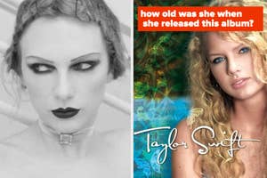 Split image: Left, Taylor Swift with dark lipstick; right, album cover "Taylor Swift" with text question