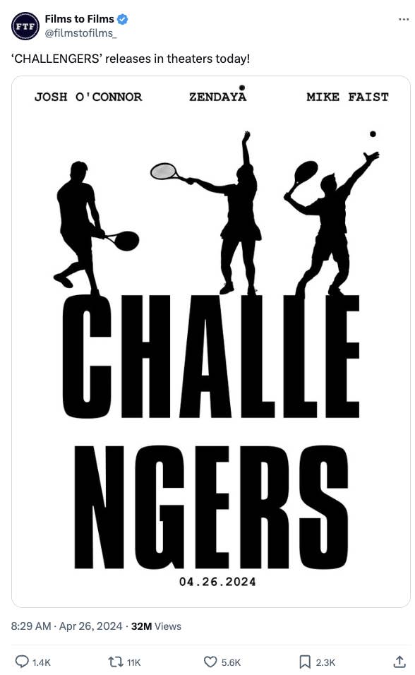 Silhouetted figures playing tennis on movie poster for &quot;Challengers&quot;, starring Josh O&#x27;Connor and Mike Faist