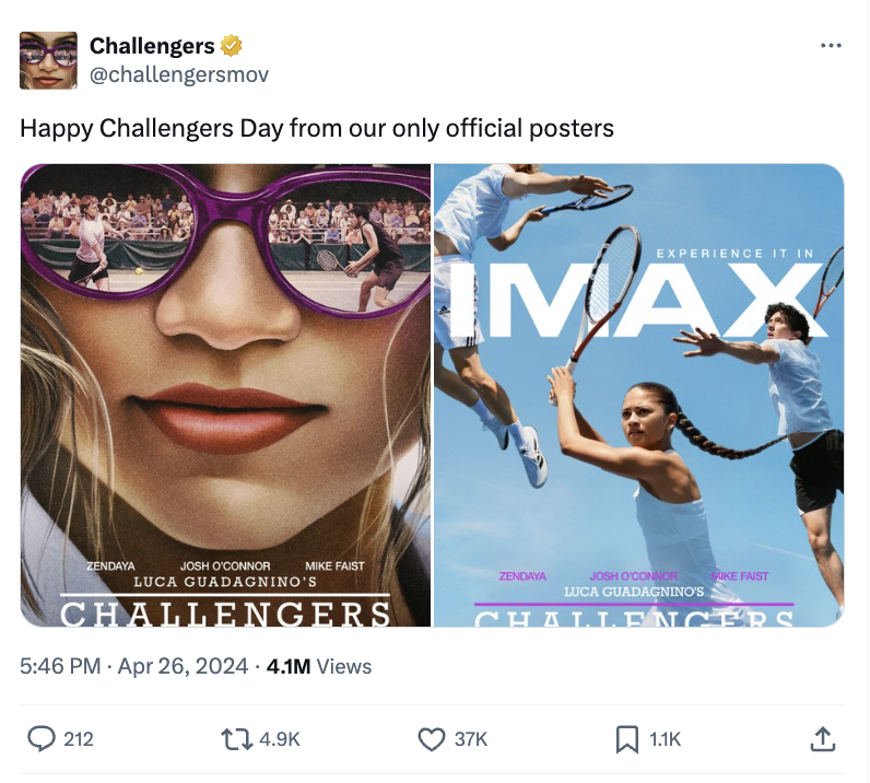 Promotional tweet for &quot;Challengers&quot; movie with close-up of Zendaya wearing sunglasses and a poster of her playing tennis