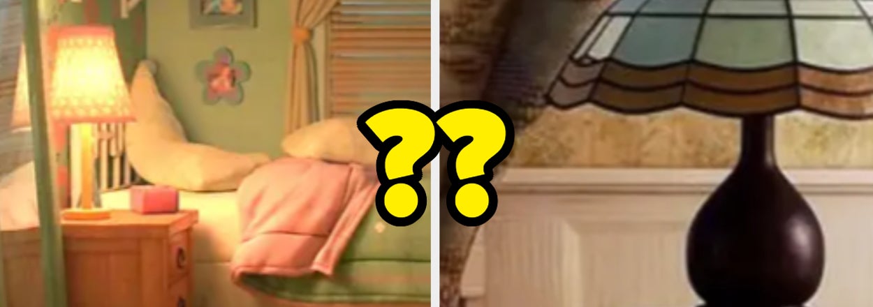 Split image of a cozy animated room and a lamp, each with a yellow question mark, implying a quiz or comparison