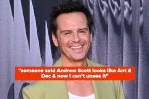 Andrew Scott smiling at an event with overlaid text commenting on his resemblance to Ant & Dec