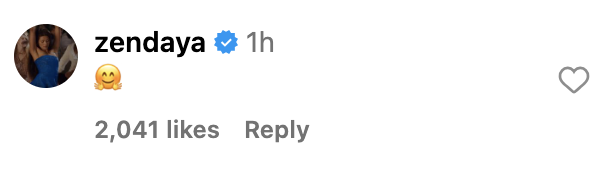 Zendaya posted a comment with a hugging face emoji; the comment has received over 2,000 likes