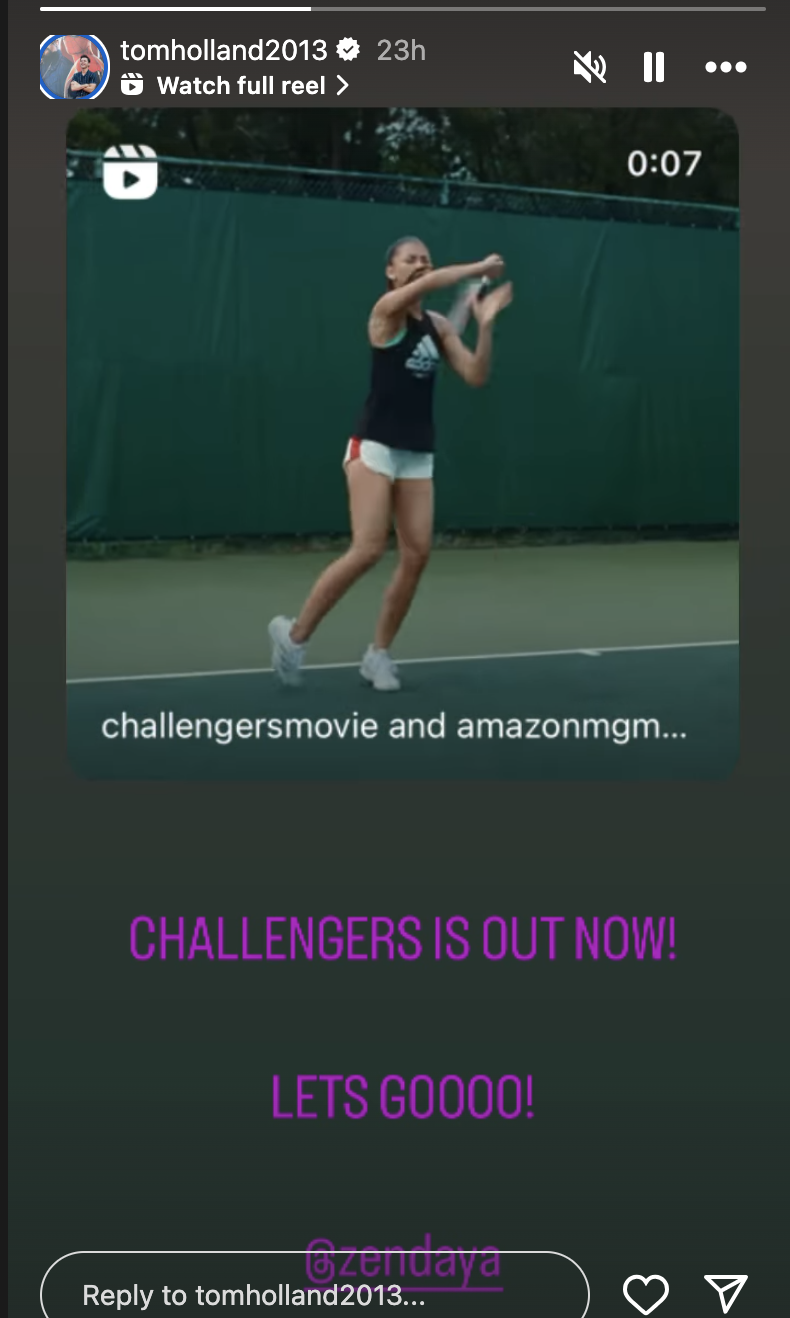 Person playing tennis on a promotional social media post for &quot;Challengers&quot; movie. Text: &quot;Challengersmovie and amazongm... CHALLENGERS IS OUT NOW! LETS GOOO!&quot;