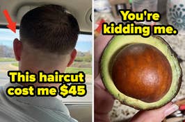 Two-panel meme: Left shows a person's back head with a haircut, Right displays a half avocado with a large pit. Text expresses disbelief at situations