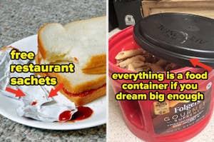 Two images: Left, sandwich with ketchup packets; Right, coffee container repurposed for food storage. Text on frugality