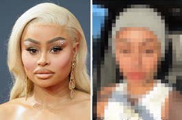 Blac Chyna poses on the red carpet vs a blurred image of Blac Chyna recording herself in a car