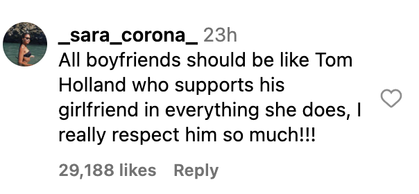 The image shows a social media comment praising Tom Holland for supporting his girlfriend