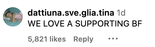 Image contains a screenshot of an Instagram comment by a user, praising a supportive boyfriend