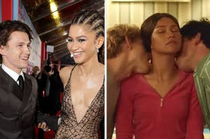 Two images side by side: Left shows Tom Holland and Zendaya in formal attire at an event; right depicts Zendaya between two men in a scene