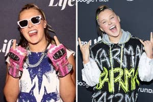 Split image of JoJo Siwa in two different outfits, both giving thumbs up, wearing sunglasses, and smiling