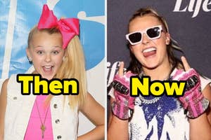 Side-by-side comparison of JoJo Siwa with a bow in her hair then, and in a glittery outfit now