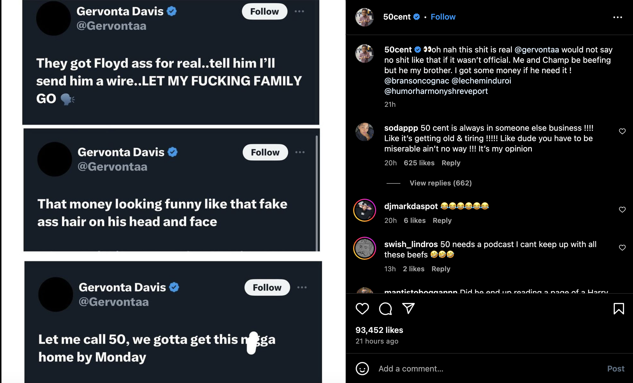 Two social media posts displayed side by side relating to sports figure Gervonta Davis
