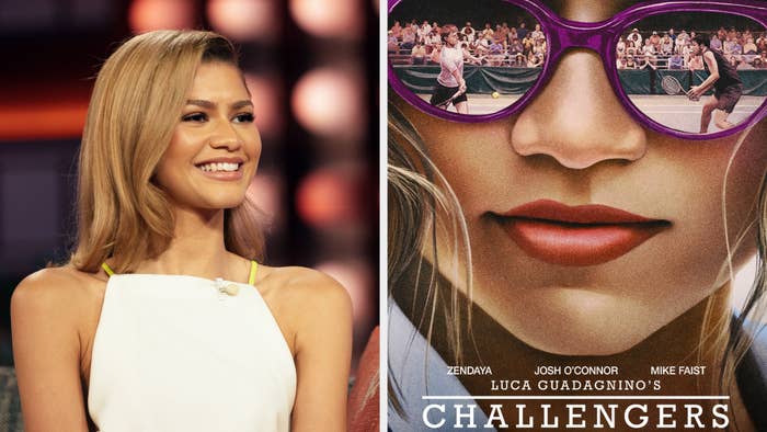 Zendaya in a sleeveless top smiling to the side; movie poster of &quot;Challengers&quot; featuring close-up of a woman with sunglasses
