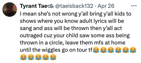Tweet by Tyrant Tae discussing the inappropriateness of bringing children to adult-themed shows and jokingly suggests waiting for a child-friendly concert