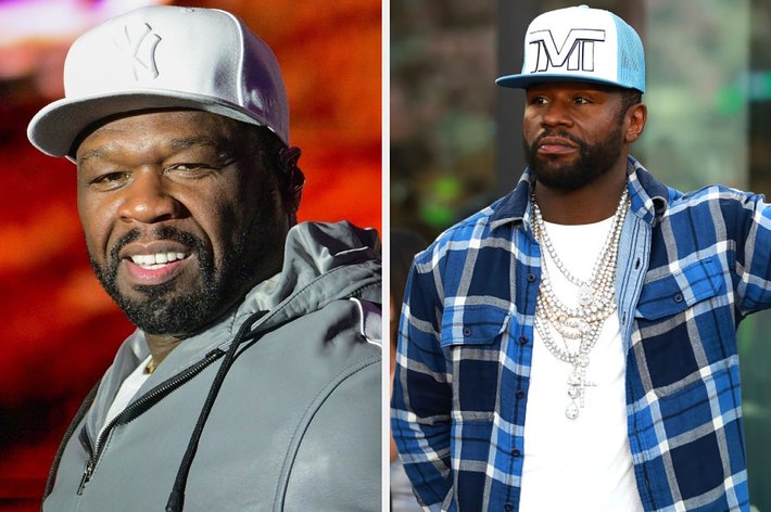 Two separate images of 50 Cent, left wearing a dark jacket and cap, right in a checkered shirt and chain necklace