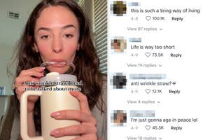 Person drinking out of a bent straw with text overlay, "Anti wrinkle straws need to be talked about more," beside social media comments