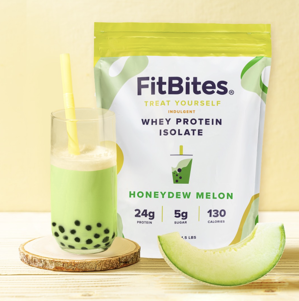 Protein supplement package with a honeydew melon flavor shown next to a melon slice and a prepared drink