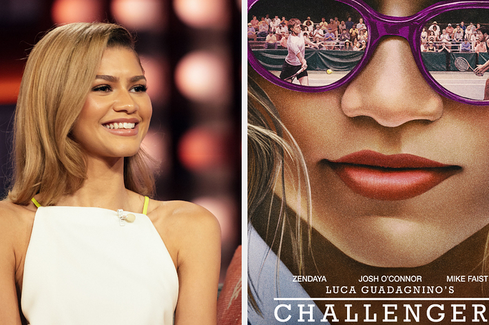 Zendaya in a sleeveless top smiling to the side; movie poster of "Challengers" featuring close-up of a woman with sunglasses