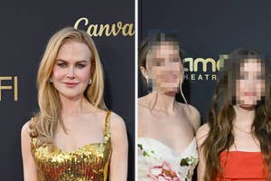 Left: Nicole Kidman in a sequined gown. Right: Two blurred individuals, unable to name