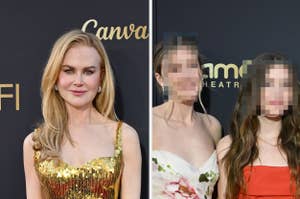 Left: Nicole Kidman in a sequined gown. Right: Two blurred individuals, unable to name