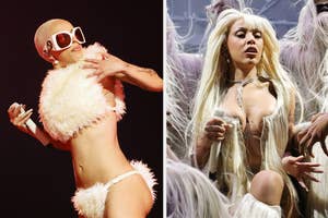 Two images side by side: First shows a person in feathery attire and shades. Second shows a person in a revealing outfit with long hair