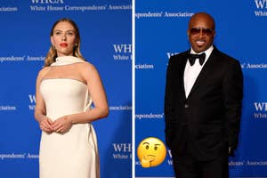 Scarlett Johansson in a dress with a halter neckline and Jermaine Dupri in a classic tuxedo standing separately