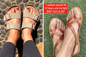 Two different pairs of sandals worn, noted for their comfort in an article about shopping for footwear