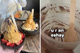 Two images: left shows hands holding bowls with ice cream and fruits; right has text "u r an eshay" inside an empty chocolate spread jar