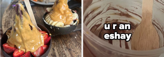 Two images: left shows hands holding bowls with ice cream and fruits; right has text "u r an eshay" inside an empty chocolate spread jar
