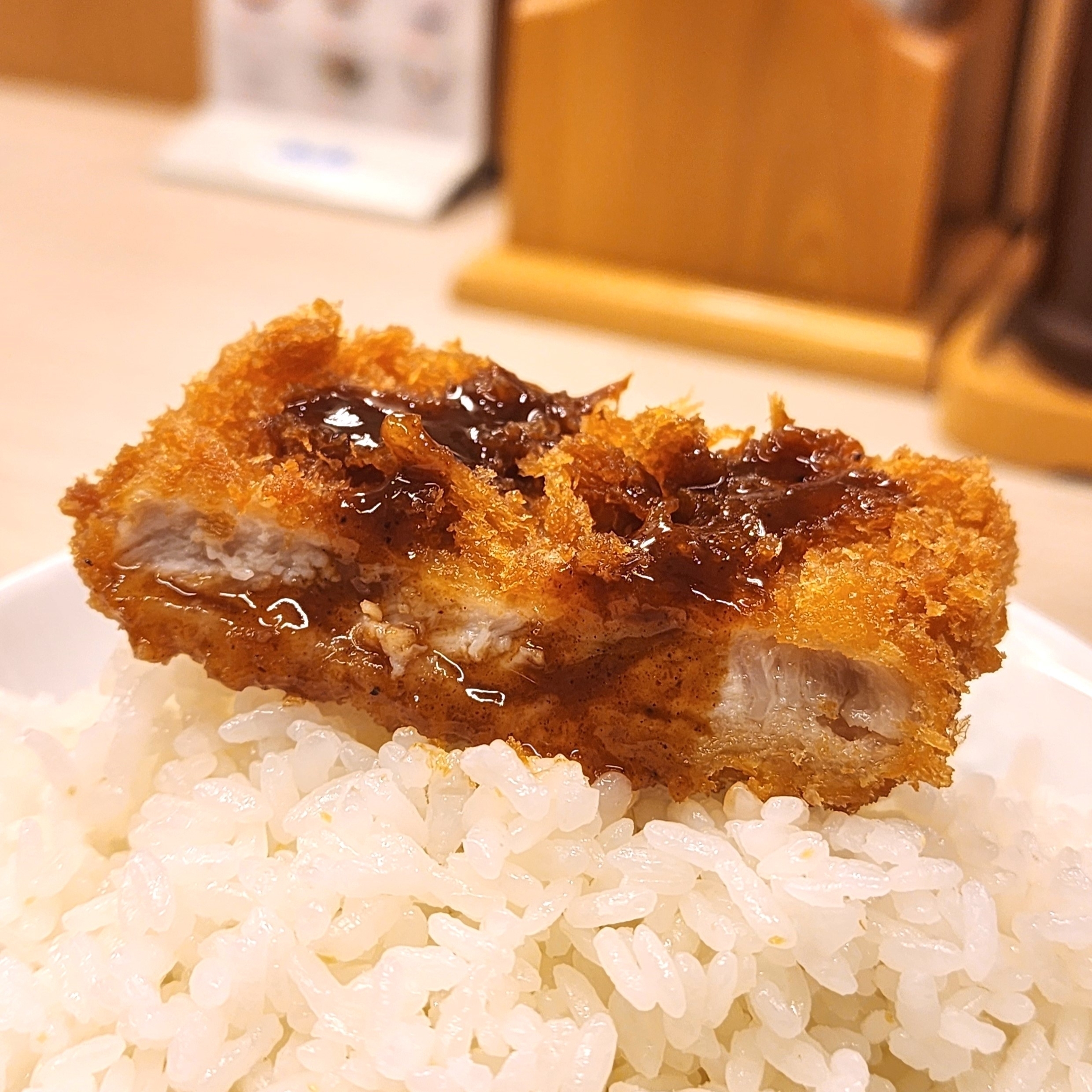 カツ丼のクローズアップ。ご飯の上にカツとタレがかかっている。