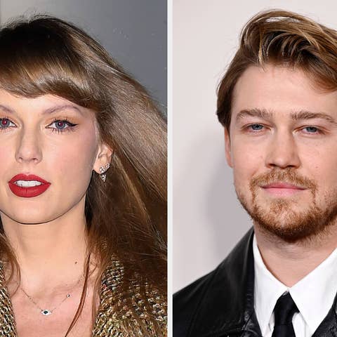 Taylor Swift in a glittery outfit and Joe Alwyn in a black jacket, both posing separately