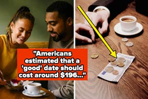 Two images: Left, a couple sharing a laugh; right, a hand pointing at coins next to a coffee cup. Text: Cost of a 'good' date