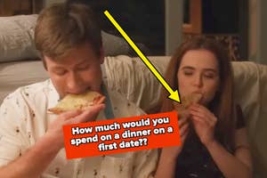 Two people eating pizza, with text asking about spending on a first date