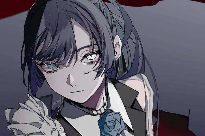 アニメキャラクターがフリル付きのドレスを着て立っている。