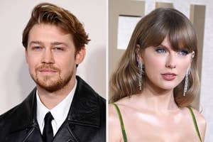 Two separate portrait shots, Joe Alwyn in a black jacket and Taylor Swift in a sparkling dress with earrings