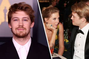 Two side-by-side photos of Joe Alwyn, one solo at an event, the other chatting with Taylor Swift