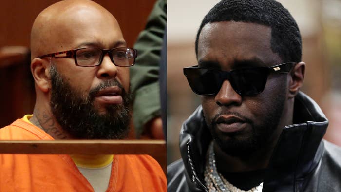 Two side-by-side photos of Suge Knight in prison garb and Sean Combs in sunglasses and a black jacket