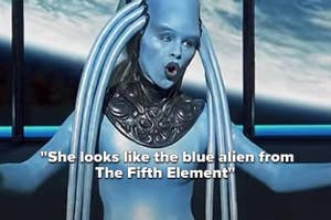 Elsa from Frozen dressed as the opera-singing alien Diva Plavalaguna from The Fifth Element, with quote comparing them