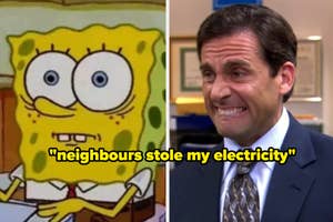 Split screen of SpongeBob looking surprised and Michael Scott grinning, both with captions related to office humor