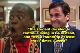 Side-by-side images: Left, Troy Barnes looking surprised in a library; Right, Michael Scott smirking with a quote about a student's LA commute