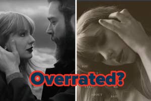 Split image with Taylor Swift on left in a scene with a male actor, right side shows her with hand on head, text "Overrated?" overlaid