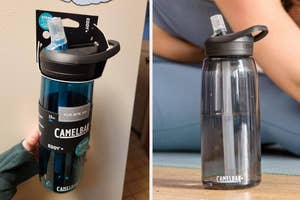 A CamelBak Eddy+ water bottle with flip, bite, and sip valve next to a refillable clear water bottle
