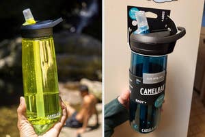 Two CamelBak Eddy+ water bottles, one held in hand and the other with packaging