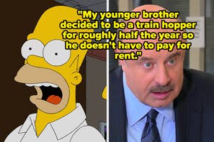 Split-screen of Homer Simpson animated character and a man in an office depicting a meme about avoiding rent